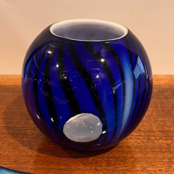 Murano Style Cobalt Blue and Black Stripe Blown Glass Bowl Vase Peekaboo Cutouts - Picture 3 of 6